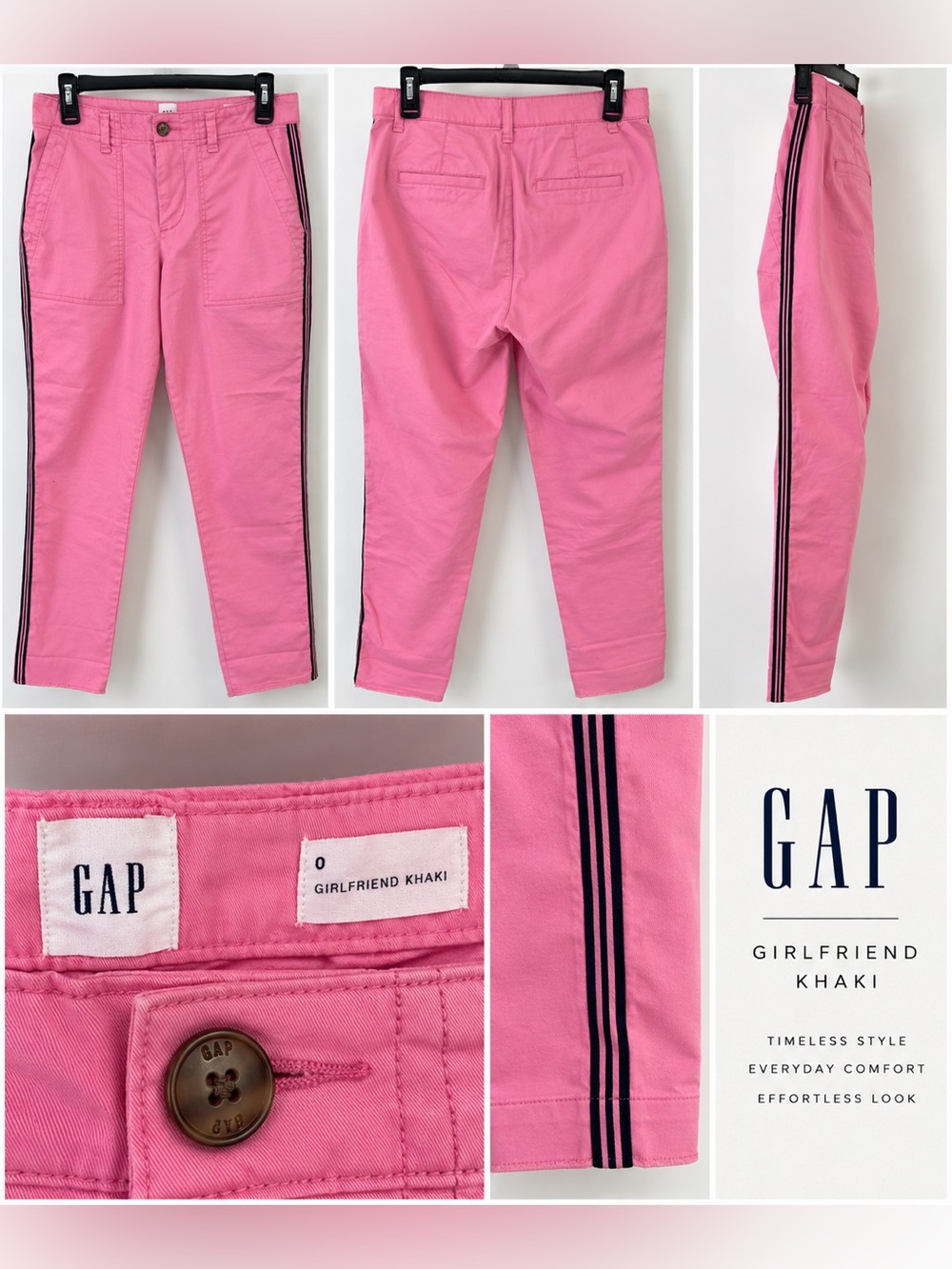 GAP Girlfriend Khaki Pants Women’s Size 0 Pink Black Side Stripe Cropped Chino